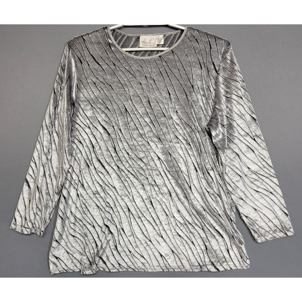 Vintage Kathie Lee Collection Top Womens XL Silver Gray Crushed Velvet 80s Disco